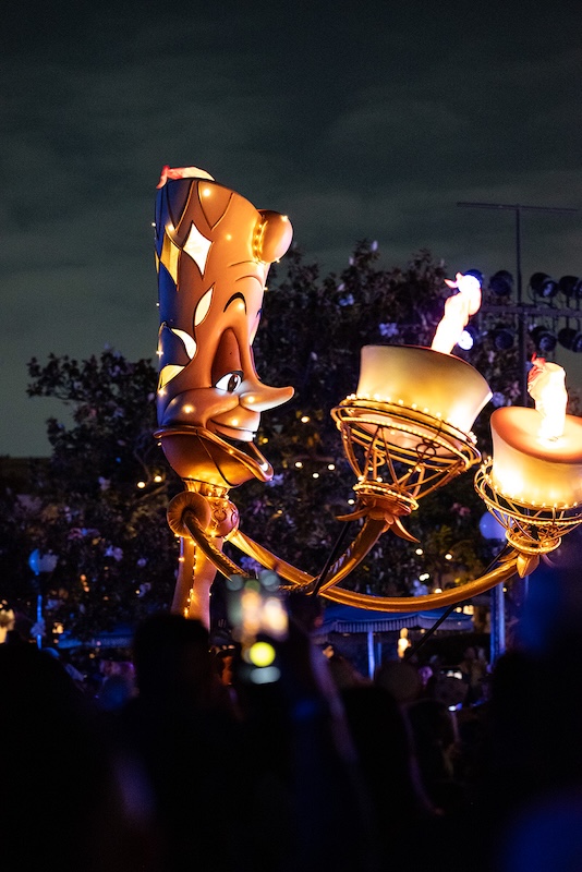 A photo of Lumiere from Disneyland's Paint the Night Parade