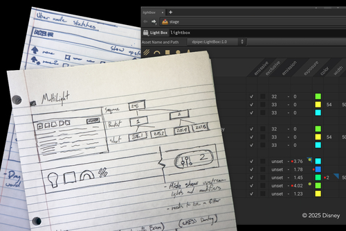 An composite of a sketch and mockup of the Houdini lighting tool